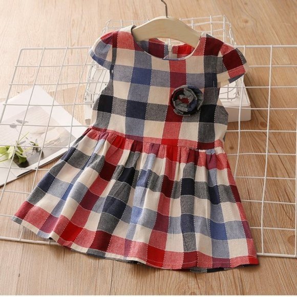 NWT Blue Red Grey Plaid Dress w Flower Pin Age 3 - Picture 9 of 11